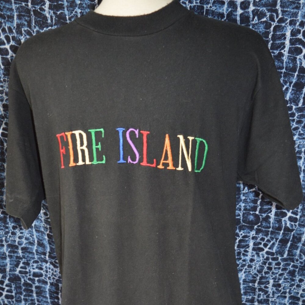 Vintage Men T-Shirt FIRE ISLAND NEW YORK Embroidered Black Large Collector Item